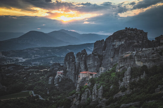 Dramatic sunset over the monasteries of Meteora Greece