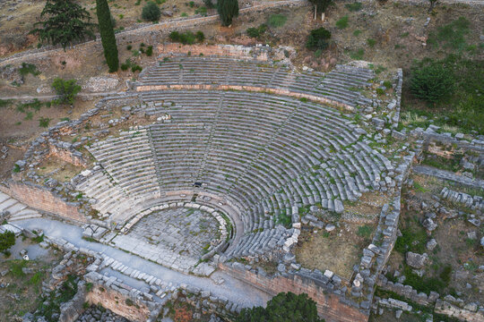 High angle view of ancient Greek amphitheater ruins