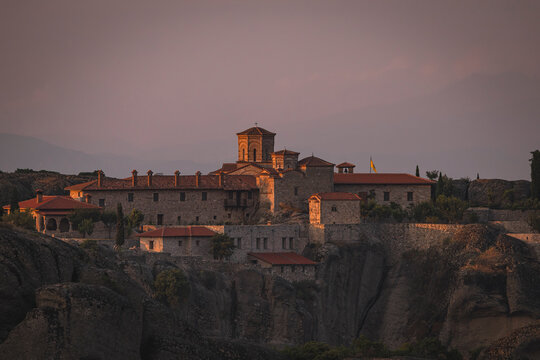 Historic Meteora monastery in Greece at golden hour
