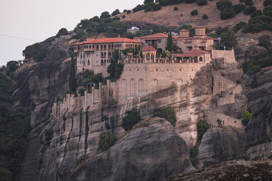 Historic Greek monastery built on a towering rock formation
