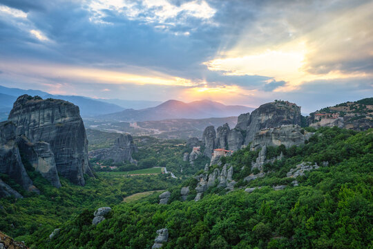Sunset over the rock monasteries of Meteora Greece