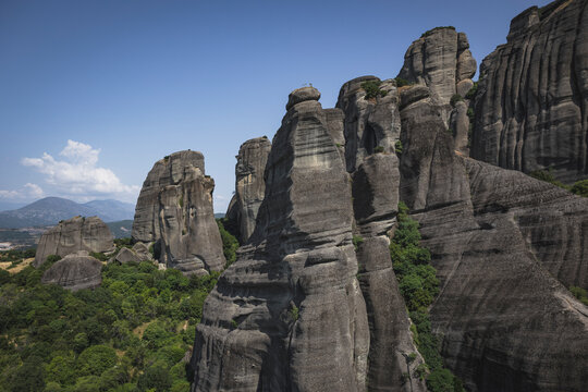 Majestic rock formations of Meteora on a sunny day