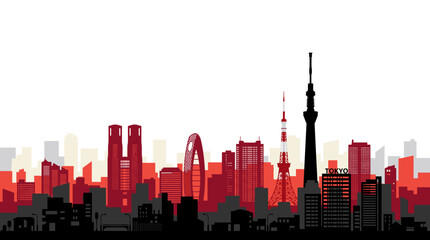 Fototapeta premium A vibrant cityscape silhouette featuring iconic Tokyo landmarks like the Tokyo Skytree and Tokyo Tower against a backdrop of red and white buildings.