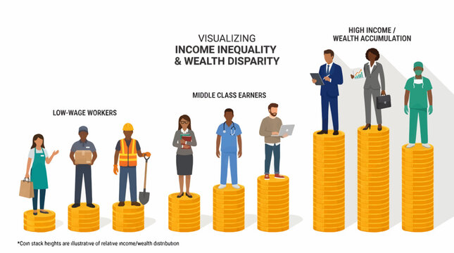 Flat Design Vector Illustration of Diverse Professions on Coin Stacks Visualizing Income Inequality and Wealth Disparity, Low Wage Workers to High Income Earners