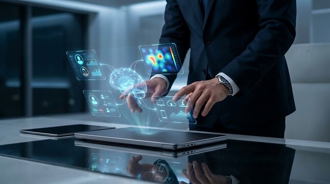 Businessman interacting with futuristic holographic brain interface