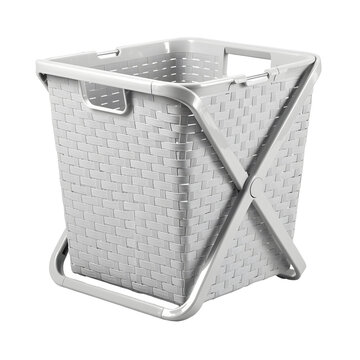 Tall white plastic woven laundry hamper with handles and folding stand isolated on transparent background
