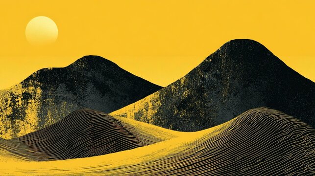Modern graphic mountain landscape artwork with gradient gold sky, pale golden celestial orb on left horizon, undulating black hills with distressed gold texture and parallel horizontal line details