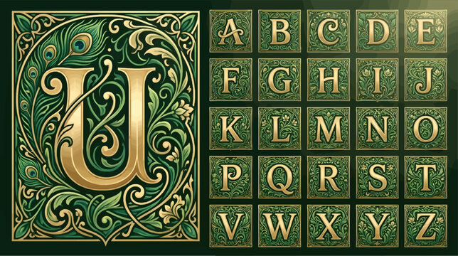 Ornate Alphabet Letters A-Z in Decorative Green and Gold Frames with Peacock Feathers and Floral Flourishes, Vintage Calligraphy Style Vector Illustration
