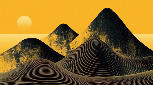 Modern graphic mountain landscape artwork with gradient gold sky, pale golden celestial orb on left horizon, undulating black hills with distressed gold texture and parallel horizontal line details