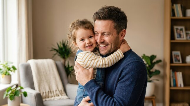 Father holding child in a family love scene representing parenting and a happy dad hug. This parenthood caring bond features