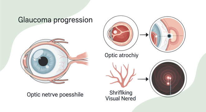 Illustration showing the progression of glaucoma, including optic nerve damage and shrinking visual field.