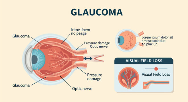 Diagram illustrating glaucoma, showing optic nerve damage and visual field loss due to increased intraocular pressure.
