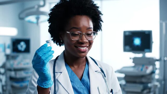 Female doctor holds a reagent bottle in the laboratory, doctor shows a close-up of the reagent