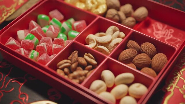 A vibrant red gift box filled with an assortment of colorful candies and assorted nuts, perfect for festive occasions.