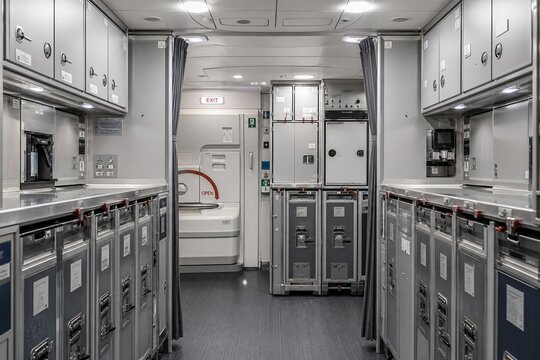 Modern airplane galley interior with stainless steel and meal carts.
