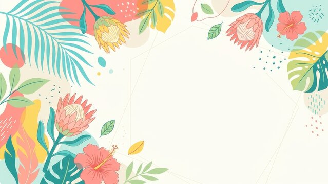 Tropical floral frame with protea and hibiscus flowers in pastel colors for summer invitation background and poster design