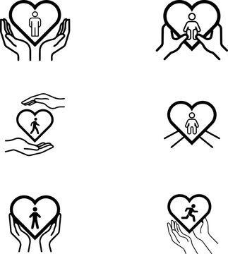 Human care concept with hands holding heart and person icon during protection and support