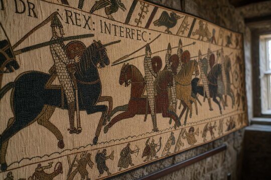 Close-up of an ancient tapestry depicting a Norman cavalry charge.