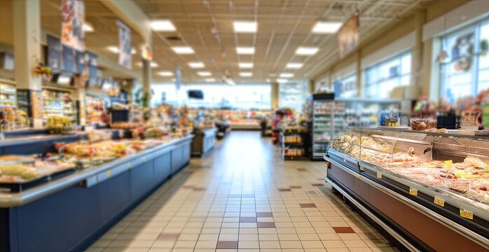 Wide aisle inside brightly lit grocery store with refrigerated food displays