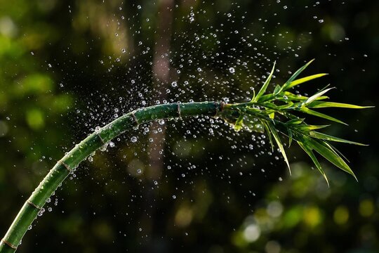 A flexible bamboo branch recoiling, flinging water droplets into the air.