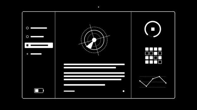 Animated futuristic HUD interface with radar, charts, and data visualization switching from light to dark mode.