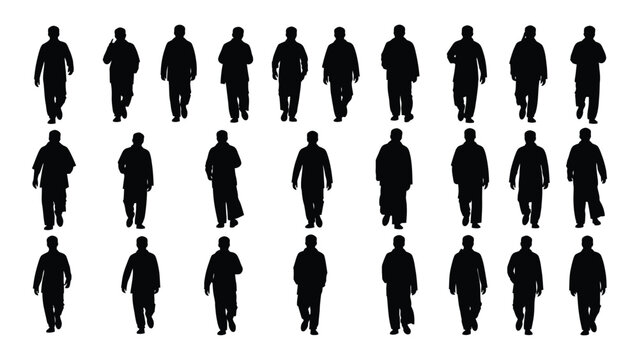 Collection Of Twenty Five Walking People Silhouettes Against A White Background Representing Diverse Poses person human figure figures man men