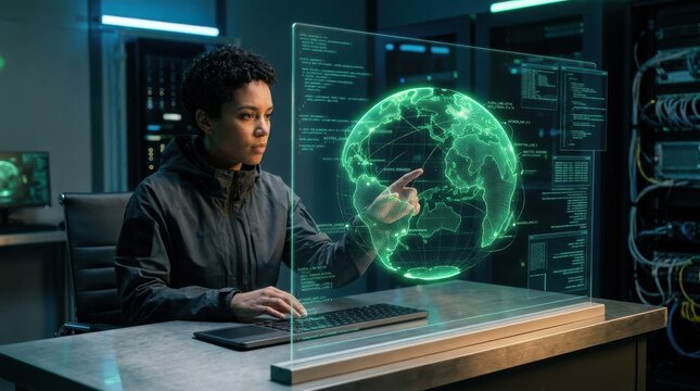 Green world code terminal for digital technology. Data screen cyber programming earth interface analytics modern system hacker