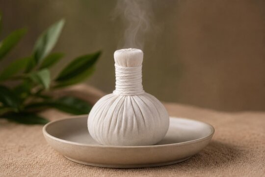 Warm herbal poultice wrapped in white cloth on a ceramic tray, steam rising.