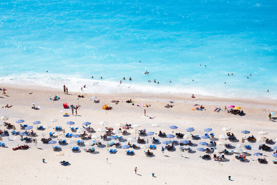 Aerial view of famous Myrtos beach, Kefalonia, Greek Islands, Greece