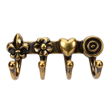 Decorative brass key hook rack with fleur de lis flower heart details isolated on transparent background