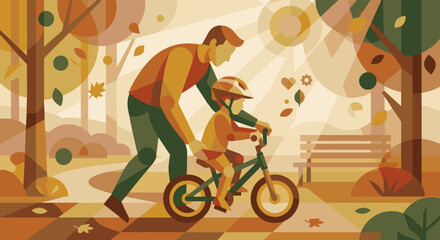 Naklejka premium A sophisticated depiction of a father teaching a child to ride a bike, using layered geometric shapes and varying opacity of warm autumnal tones