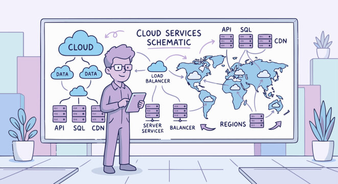 A new Flat vector doodle style: A playful, simplified cloud architect standing in front of a whiteboard filled with interconnected cloud and server icons, clean doodle lines, flat pastel color blocks 