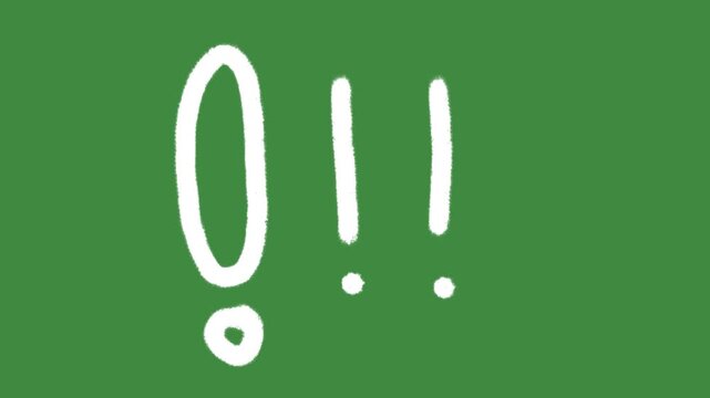 Triple exclamation mark alert hand-drawn cartoon graphic with chalk outline important notice warning icon isolated on green screen background for system error notification line art element concept.