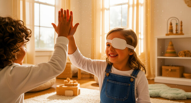 Girl with eye patch giving high five to a friend in a sunny room. Smiling children play together in a bright, warm home environment. Vision health and inclusion concept for eye care marketing.