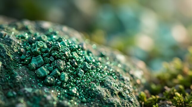Close-up of sparkling green malachite crystals on stone for nature background
