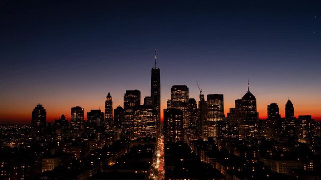 Panoramic view of the city skyline at dusk, delayed sunset at the city