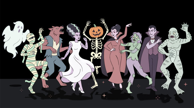 Classic Horror Monsters Dancing Together: Mummy, Werewolf, Bride of Frankenstein, Skeleton Pumpkin, Vampire, Zombie, and Creature from the Black Lagoon