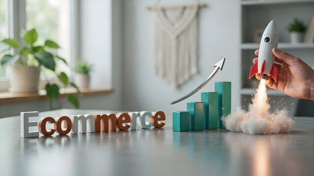 Ecommerce business growth concept with a hand launching a toy rocket next to a rising bar chart and the word ecommerce on a table