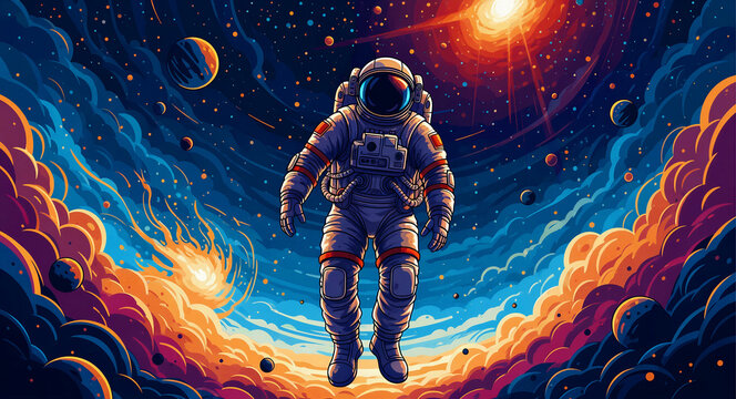 Astronaut floating in a vibrant outer space scene filled with stars and planets. This colorful illustration features a cosmic landscape. Ideal for sci-fi posters and futuristic backgrounds.