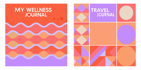 Obraz premium Geometric and wavy patterned journal covers a vector illustration with pastel color schemes abstract background