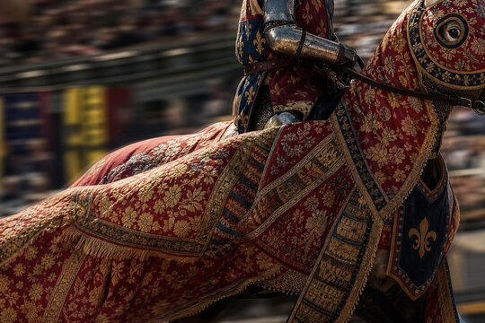A medieval caparison billowing in the wind with vibrant colors.