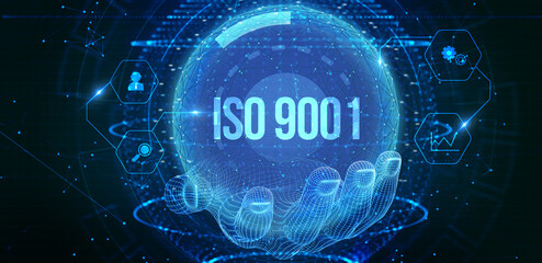 Obraz premium Business, technology, internet and network concept. Virtual screen of the future with the inscription: ISO 9001. 3d illustration