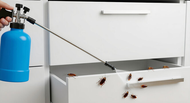Person spraying cockroaches in a white drawer with a blue pressure sprayer. Pest control service eliminating an insect infestation in home kitchen cabinets. Hygiene concept ideal for professional.