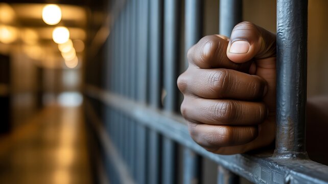 Prisoner gripping jail bars in detention facility with crime and justice concept

