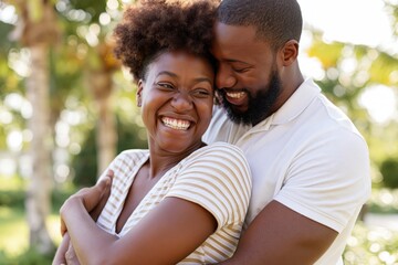 Fototapeta premium The Couple Embrace in a Sunny Park Setting Warmly and Joyfully