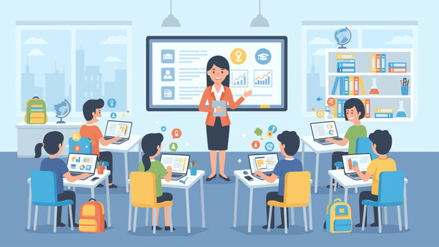 Modern classroom with teacher using interactive whiteboard while students learn with laptops