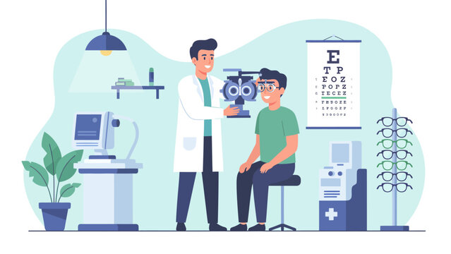Professional ophthalmologist testing patient vision with phoropter and eye chart in clinic setting