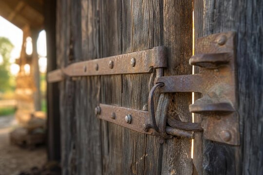 Weathered wooden barn door with aged metal hasps in morning light.