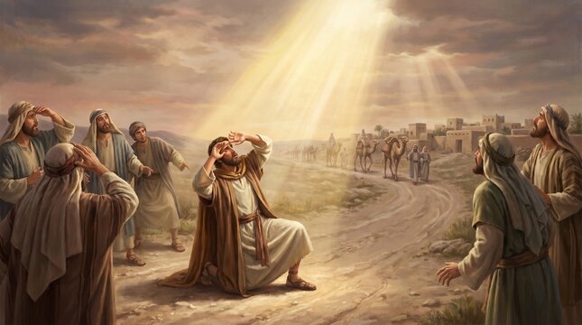 Saul of Tarsus kneeling on the dirt road and shielding his eyes from a bright heavenly light near Damascus while onlookers watch, in a New Testament Biblical illustration.