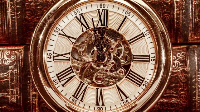 A close-up view of an antique golden pocket watch with roman numerals and visible intricate mechanisms ticking away against a background of aged books.